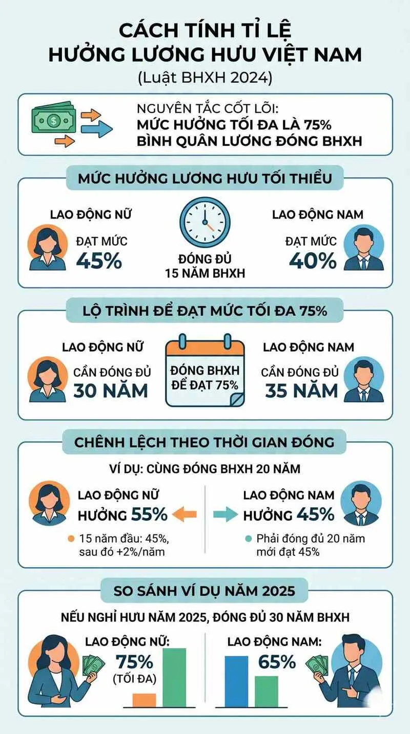 Tỷ lệ lương hưu của lao động nam được tính khác nhau giữa giai đoạn 15– dưới 20 năm và từ đủ 20 năm trở lên