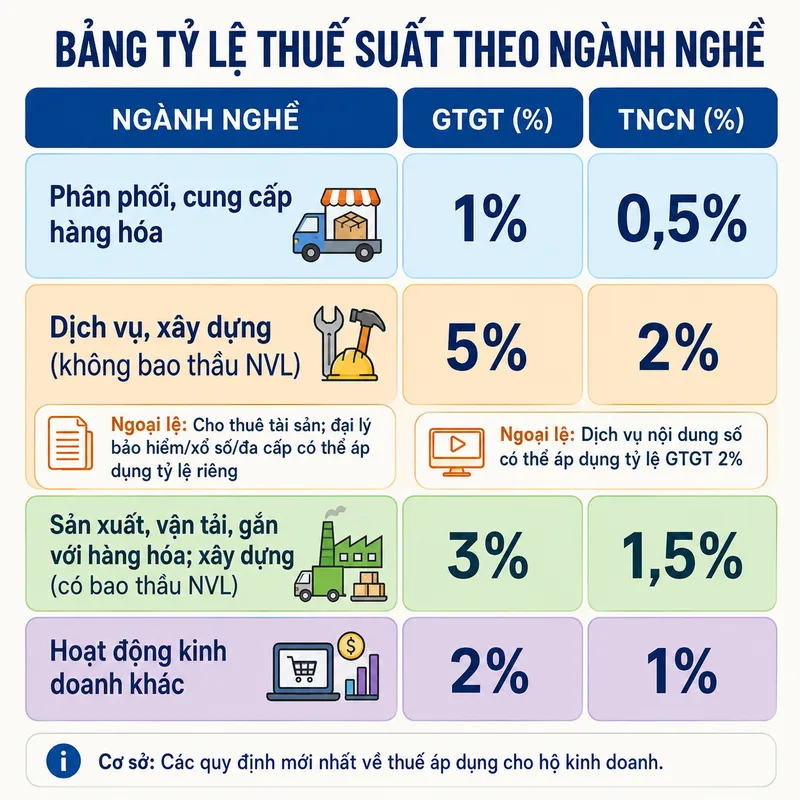 Tỷ lệ thuế của hộ kinh doanh được xác định theo hoạt động bán hàng, dịch vụ, sản xuất, vận tải hoặc ngành nghề khác.