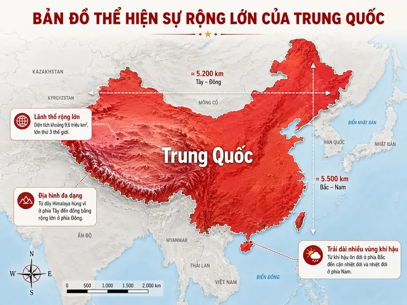 Trung Quốc nằm trong nhóm 5 quốc gia nào có diện tích lớn nhất, sở hữu địa hình đa dạng từ núi cao, cao nguyên đến đồng bằng rộng lớn.