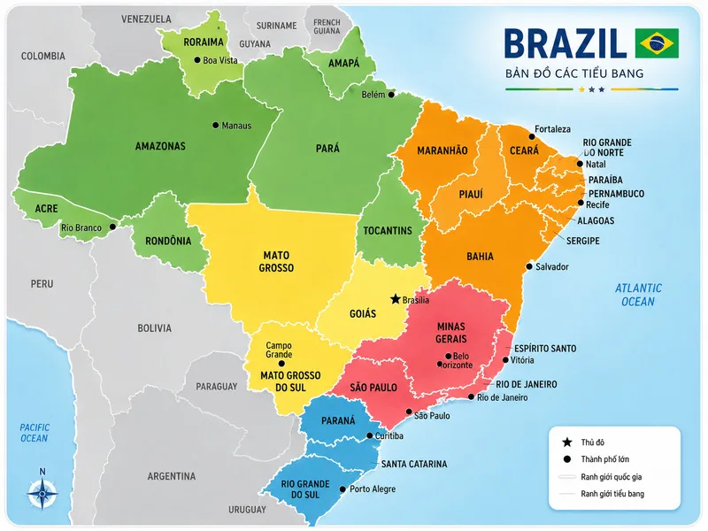 Brazil là quốc gia rộng nhất Nam Mỹ và là một trong 5 quốc gia lớn nhất thế giới, nổi bật với rừng Amazon và hệ thống sông ngòi rộng lớn.