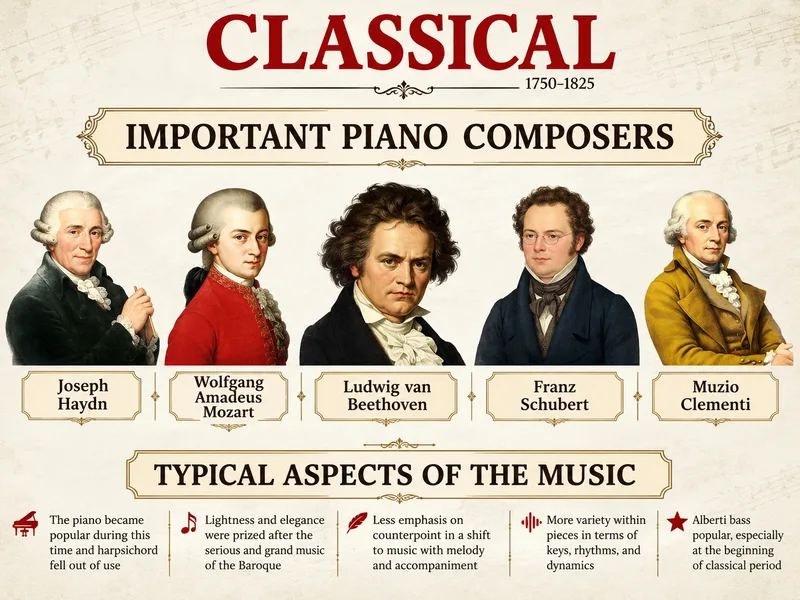 Lịch sử nhạc cổ điển trải qua nhiều giai đoạn từ Baroque, Classical đến Romantic và âm nhạc hiện đại