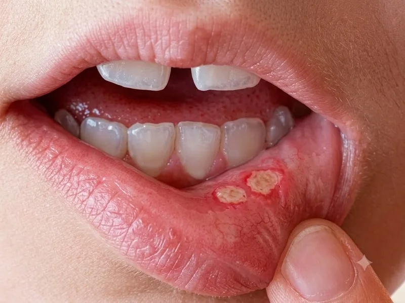 Vết nhiệt miệng có màu trắng vàng, viền đỏ gây đau khi ăn uống